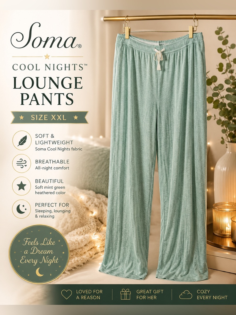 Soma Cool Nights XXL Mint Green Lounge Pajama Pants Soft Stretch Sleepwear